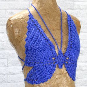 HAND CRAFTED Crop Top Butterfly Halter Crochet Festival Rave Blue Various
